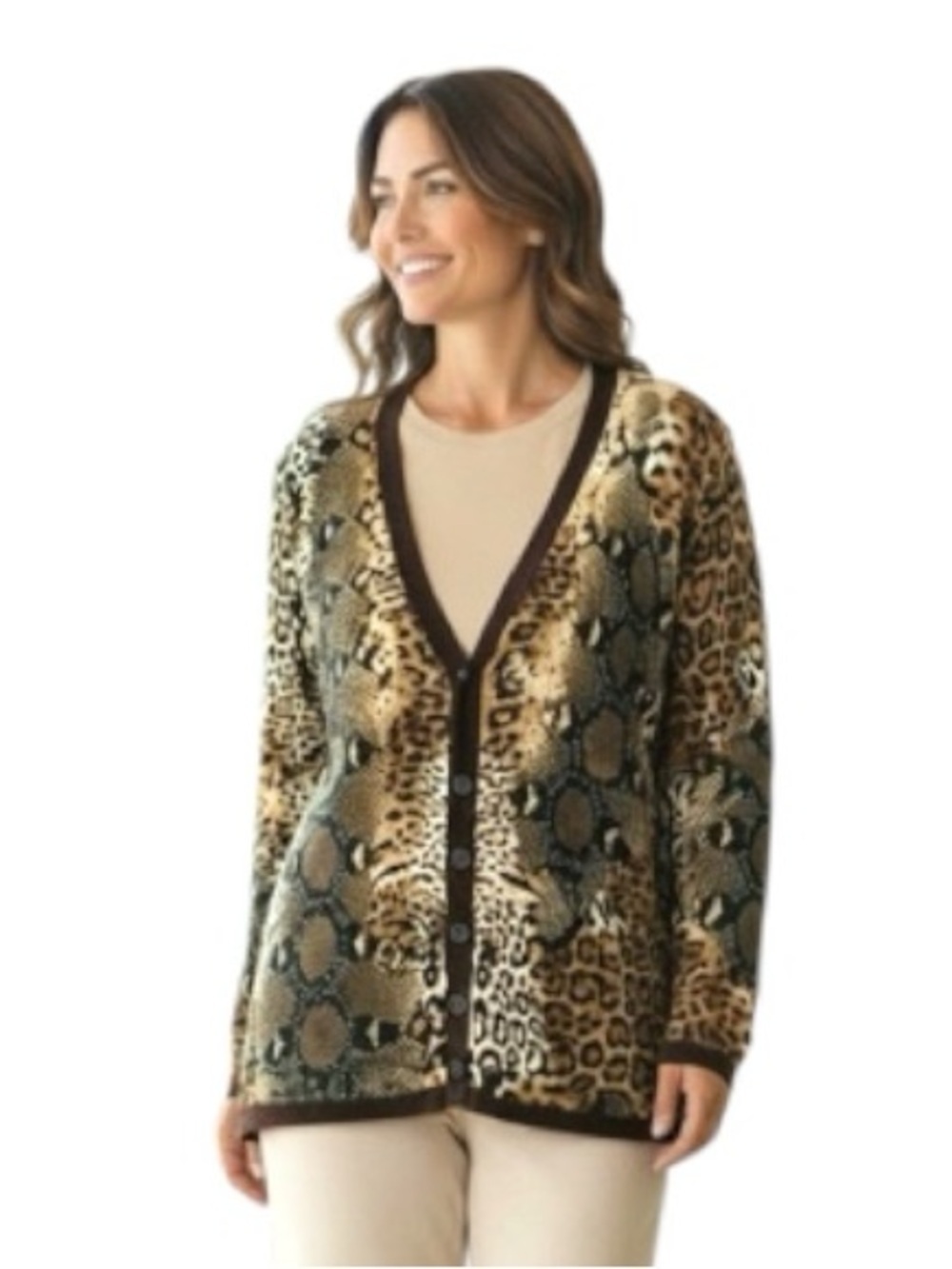 Alison Sheri Animal Print Knit Button Cardigan Sweater Brown/Black Beaded XL